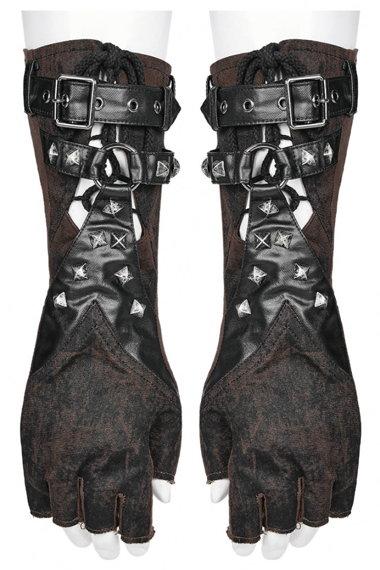 Steampunk Lace-Up Gloves with Rivet Print for Men in 2 Tones
