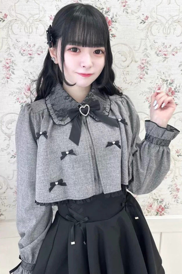 Grey Lapel Collar Long Sleeves Bowknot Sweet Japanese Jirai Kei Blouse Coat