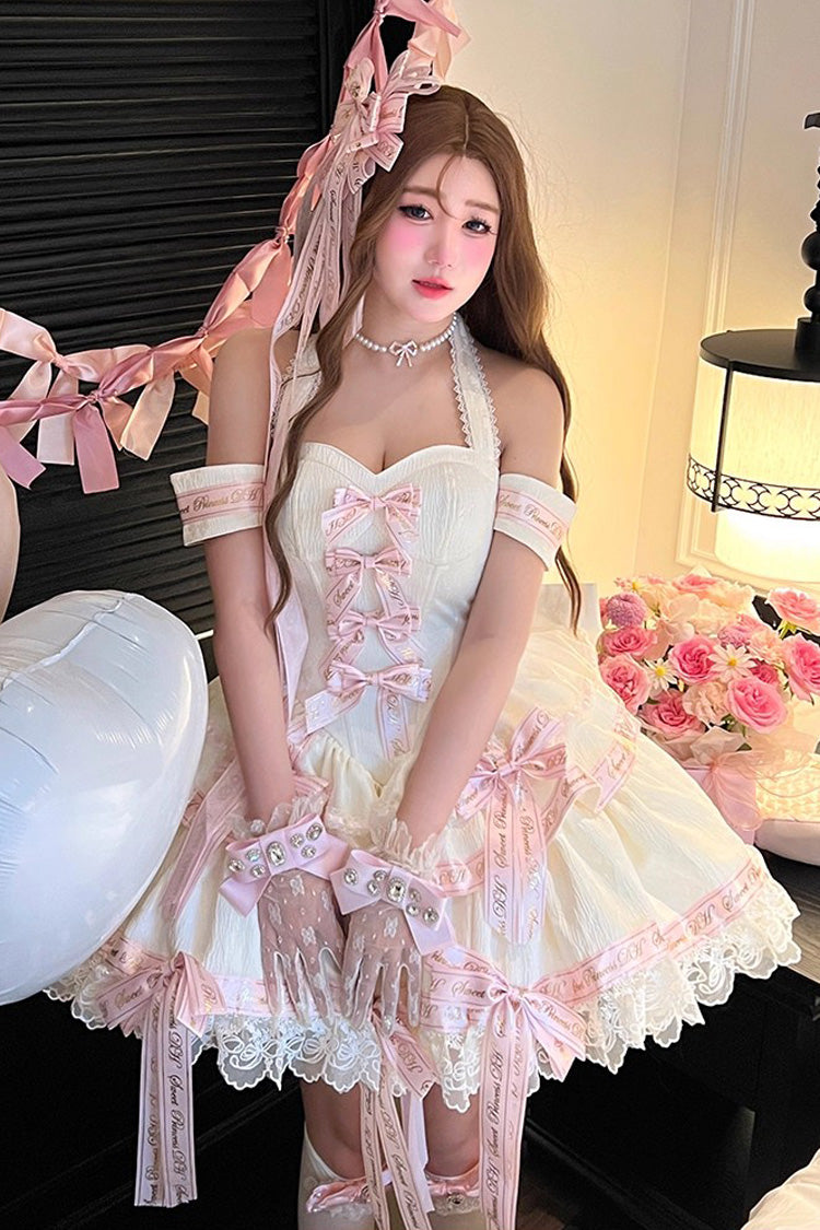 Pink Halterneck Sleeveless Multi-Layered Ruffle Bow Sweet Dress