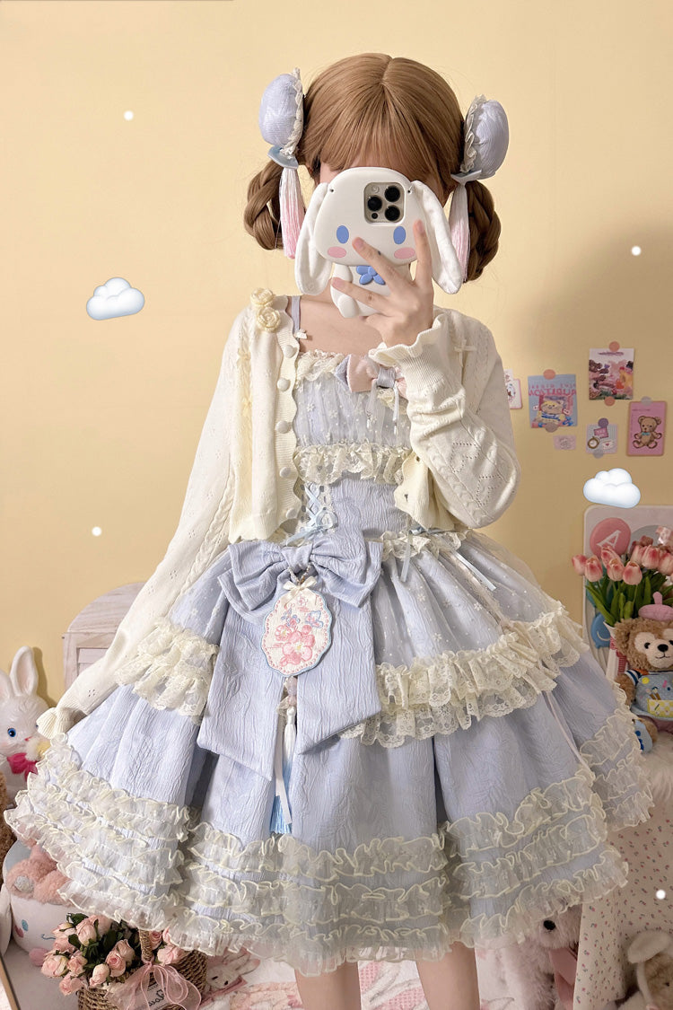 Good Night Peach Sleeveless Multi-Tiered Ruffled Bow Lace Sweet Chinese Style Lolita Jumper Dress Three Colors