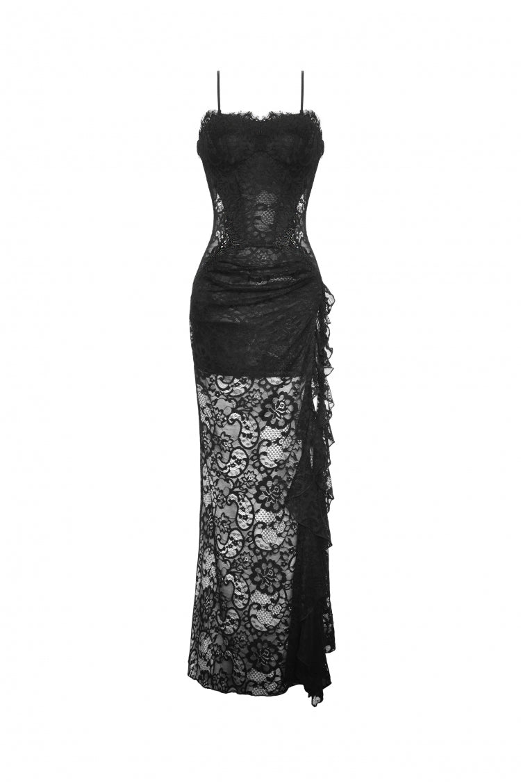 Sleeveless Side Slit Ruffled Lace Lace-Up Gothic Maxi Slip Wedding Dress