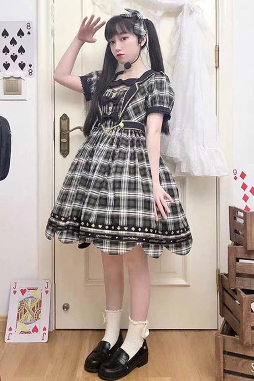 Jade High-Waist Sweet Lolita OP with Plaid Print and Bowknot