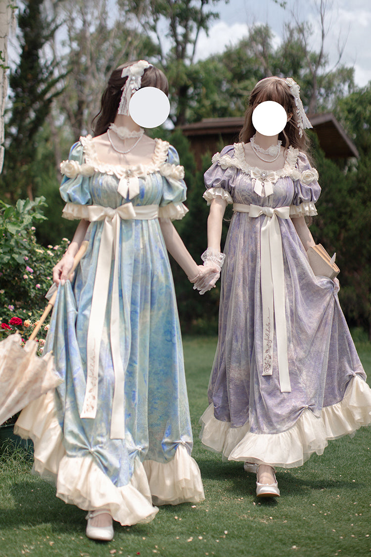 Violet Sun Moon Poem Short Sleeve Printed Bow Princess Lolita Dress