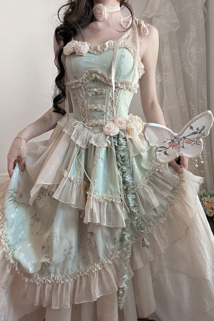 Green Tea Bamboo Song Sleeveless Jacquard Ruffle Bow Lace Chinese Ballet Jsk Dress