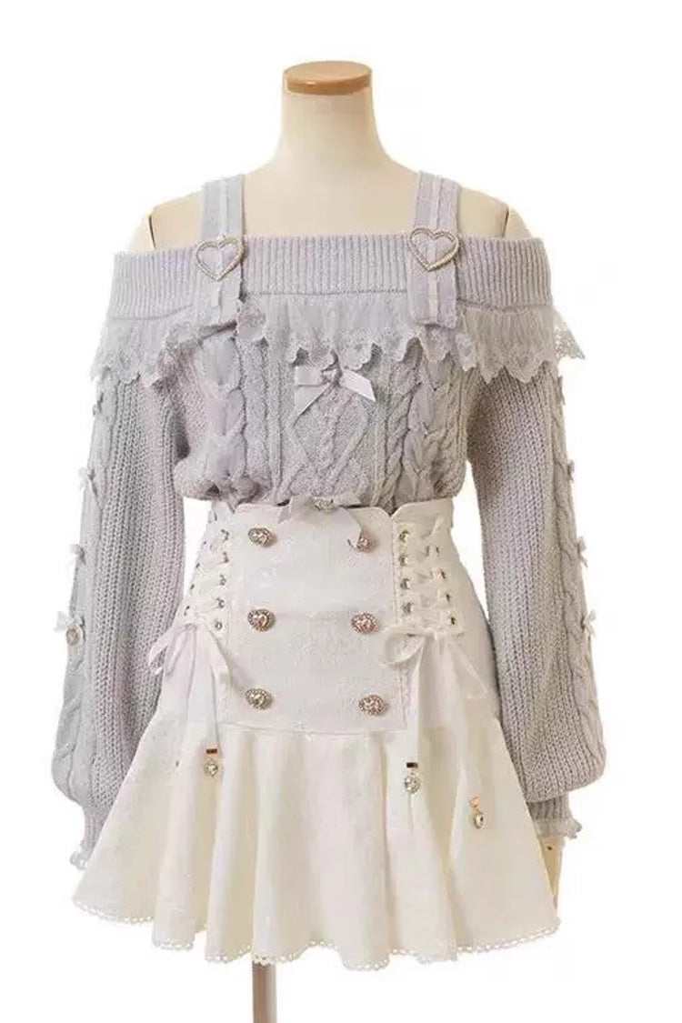 White Double Breasted Lace-Up Sweet Jirai Kei Skirt