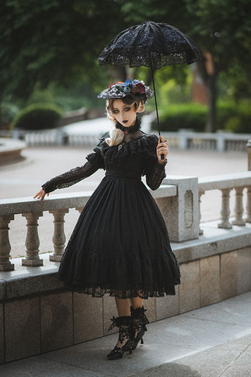 Rose Print Lolita OP Dress with Multi-Layer Ruffles, Sweet Style