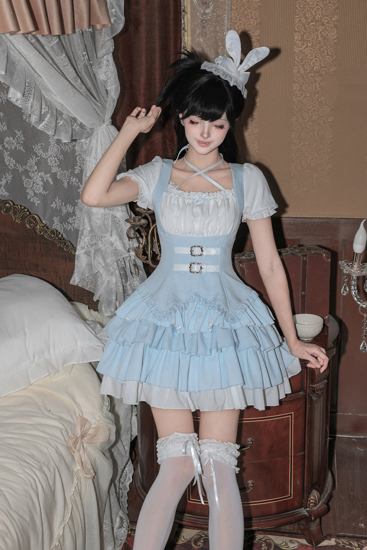 Silent Summer Classic Cool Lolita Dress Set with Halterneck and Ruffles