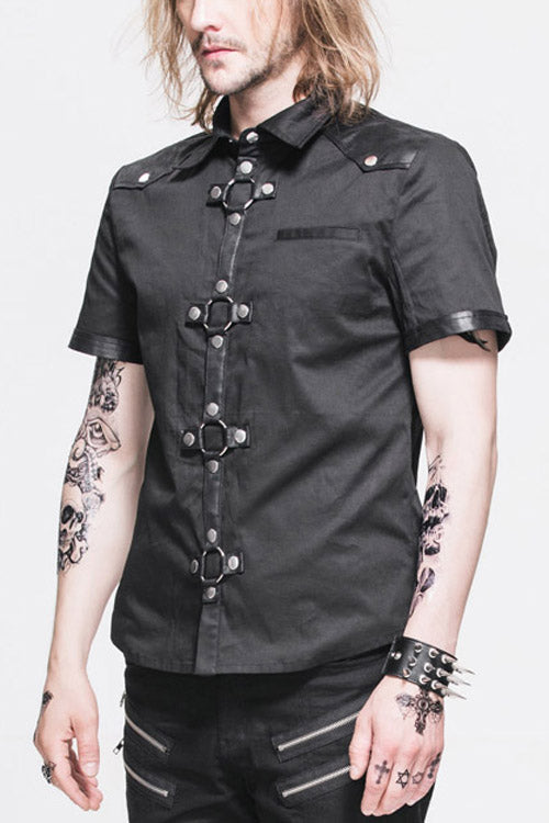 Midnight Cotton Blouse with Notch Collar and Short Sleeves