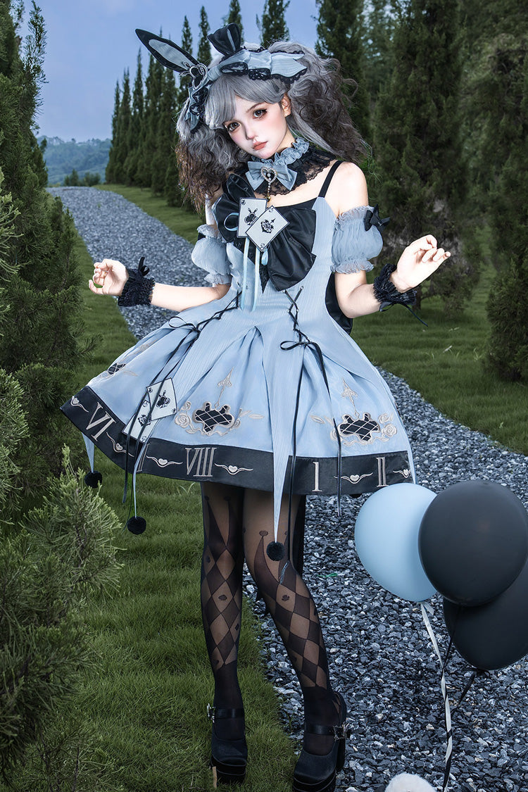 Blue Sleeveless Gothic Lolita JSK Dress Jacquard Ruffled Lace-Up - The Clock Rabbit's Card Game