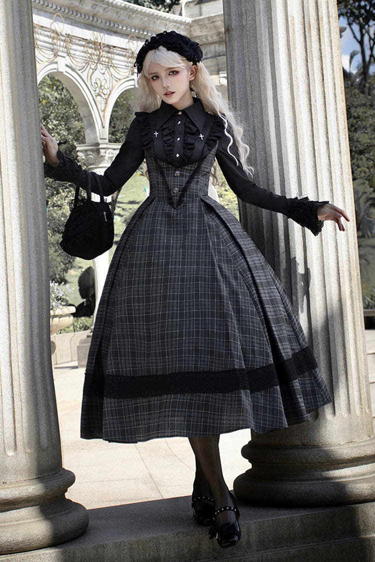 Gothic Lolita Dress with Plaid Print Ruffle and Chest Support