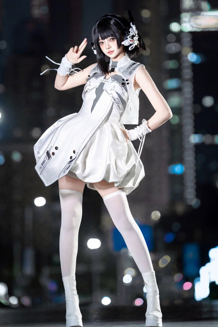 Ivory Printed Sci-Fi Techwear Punk JSK Dress Set - Tech Light Realm