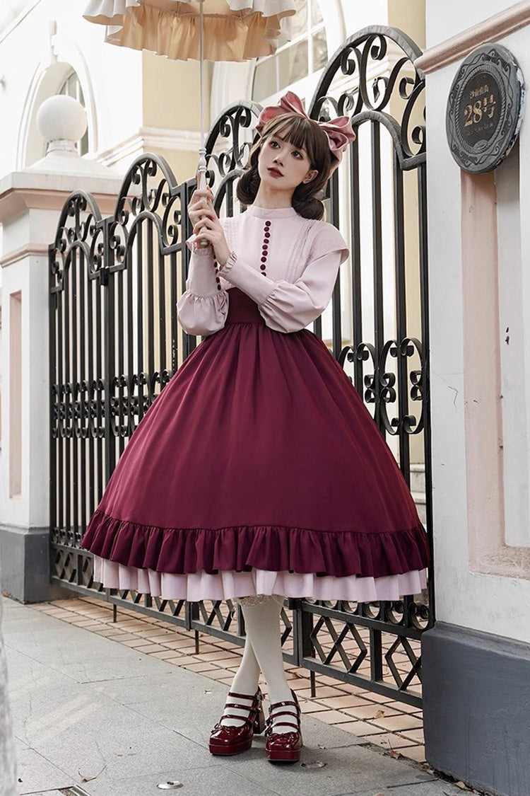Elegant Rose-Embroidered Long-Sleeve Ruffle Bow Dress with Faux Two-Piece Style in 2 Shades