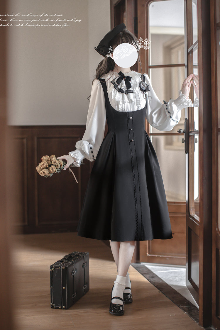 Black/White Sunset Academy Long Sleeves Ruffled Bow Fake Two Pieces Vintage Collegiate Elegant Lolita Gown