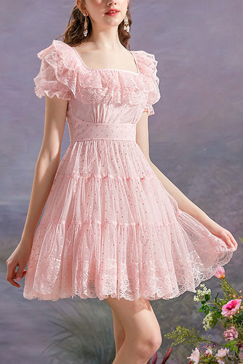 Blush Retro Square Neck Ruffle Princess Sleeveless Polka Dot High Waist Mesh Sweet Lolita Gown