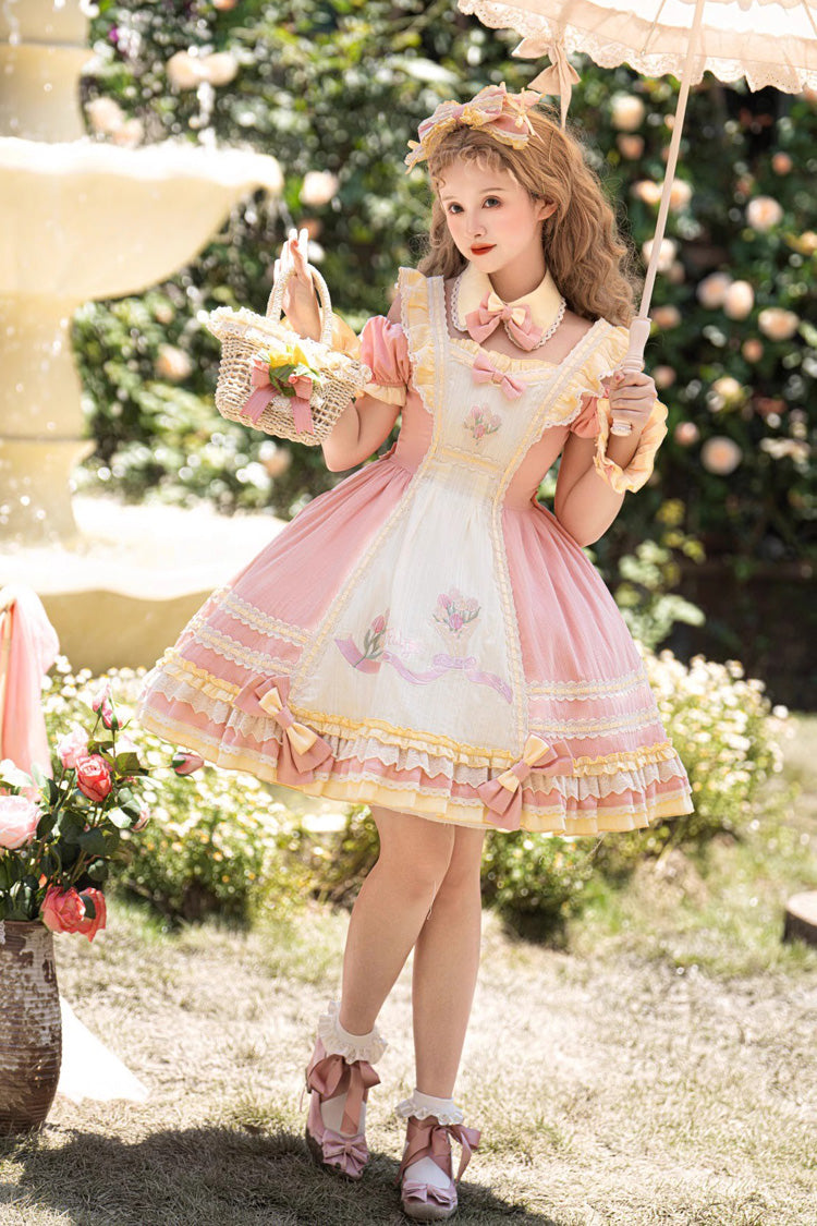 Pink Tulip Print Short-Sleeve Ruffle Bow Sweet Lolita Dress