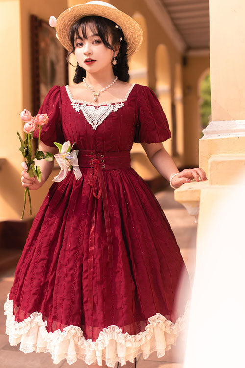 Burgundy Classic Square Neck Short Sleeve Layered Ruffled Elegant Lolita Dress