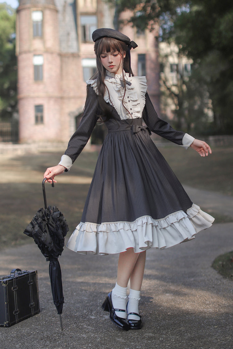 Striped Ruffle Bowknot Long Sleeve College Style Lolita Dress Dark Blue