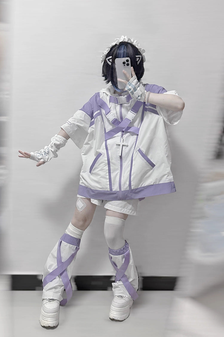 Ivory and Purple Cyberpunk Functional Print Hooded Jirai Kei Sport Jacket