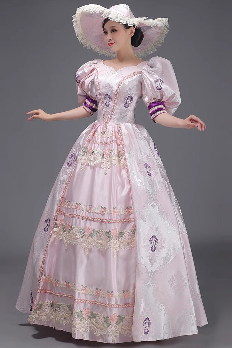 Pink Vintage Princess Dress with Embroidered Short Sleeves