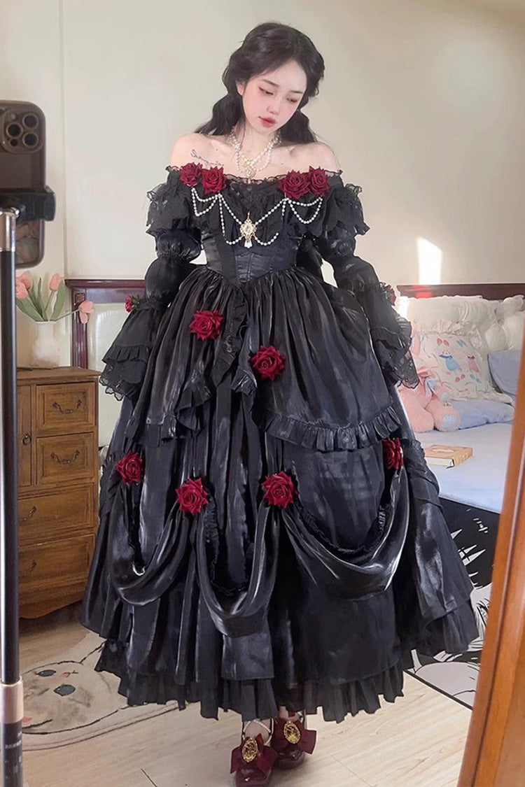 Black Rose-Printed Gothic Strapless Dress with Long Sleeves