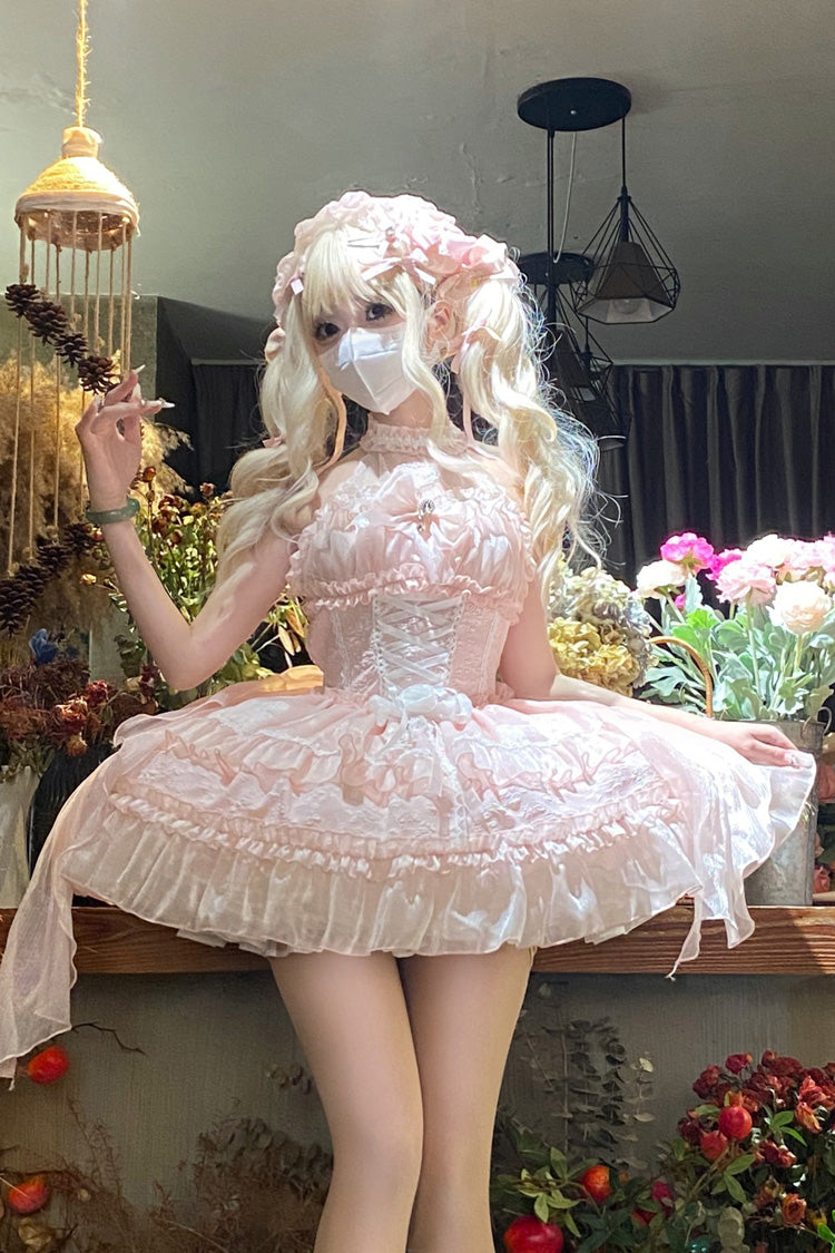 Pink Halter Triple Bow Lace Lolita Jumper Dress