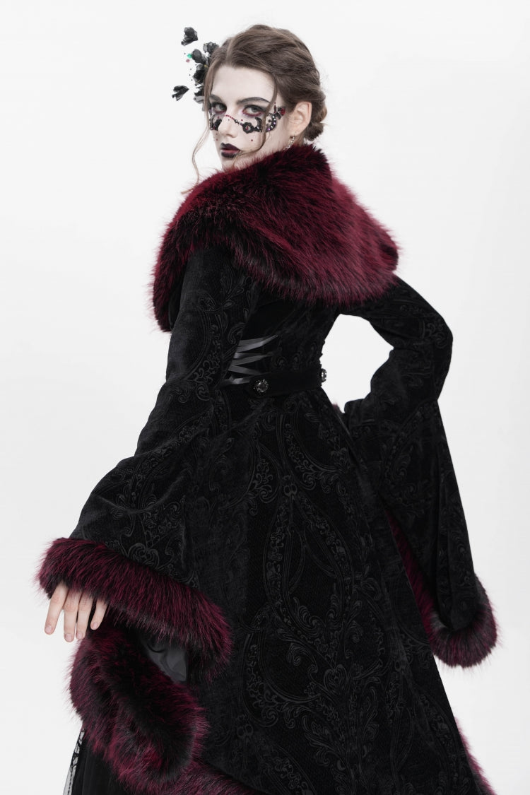 Crimson Floral Embroidered Gothic Fluffy Jacket