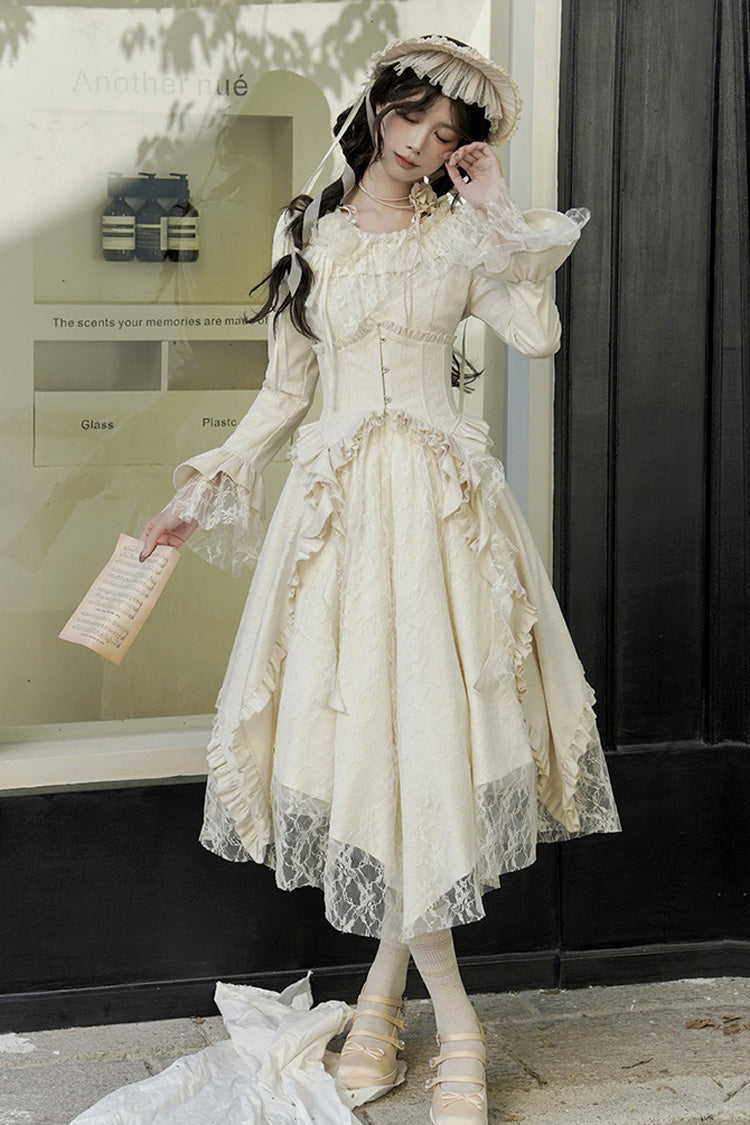 Princess Lace Dress with Ruffle Sleeves in Ivory