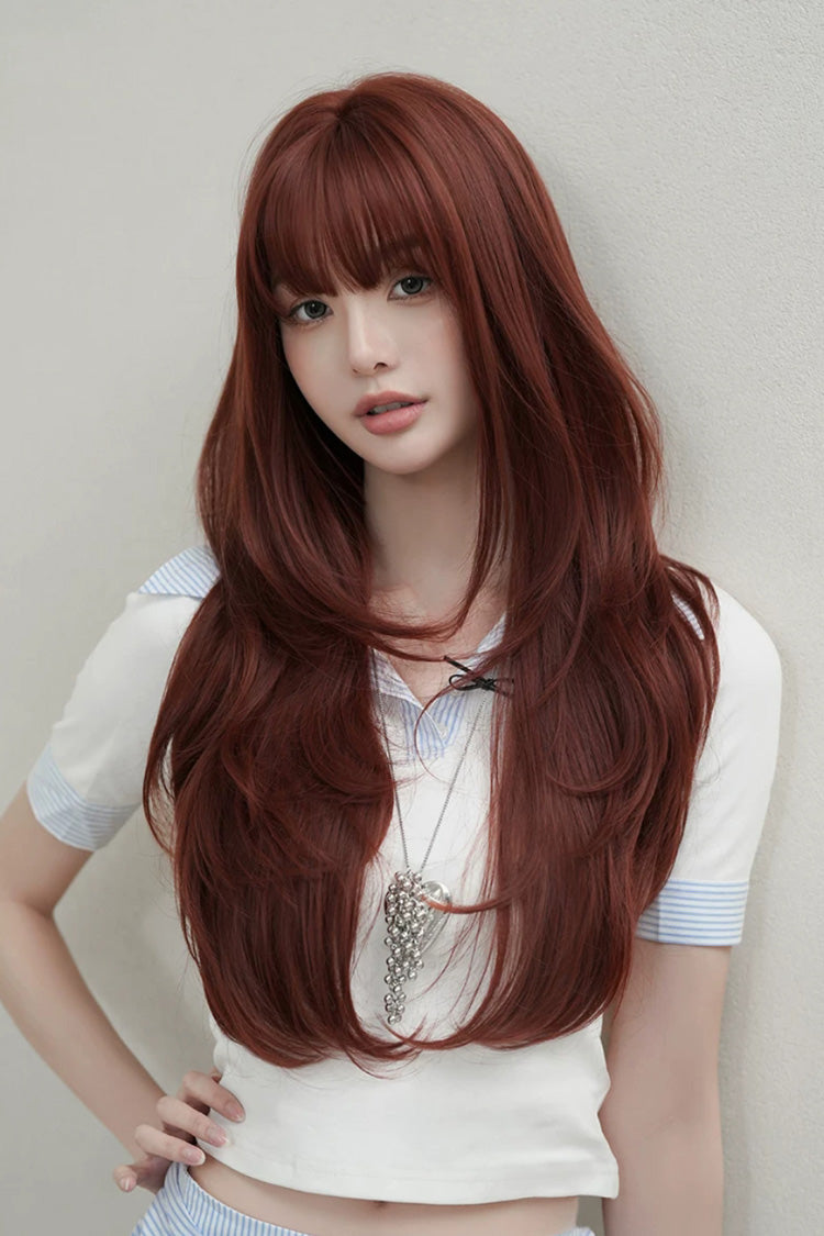 Smoky Reddish Brown Full Air Bangs Butterfly Cut Sweet Lolita Wig