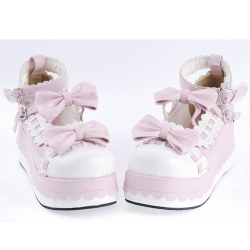 Rose Faux Leather Rounded Toe Ankle Strap Bow Decor Platform Lolita Footwear