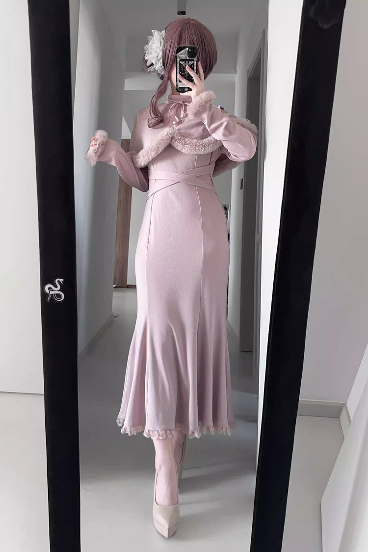 Jirai Kei Stand Collar Off Shoulder Long Sleeves Embroidered Lace Sweet Japanese Fishtail Dress 2 Colors