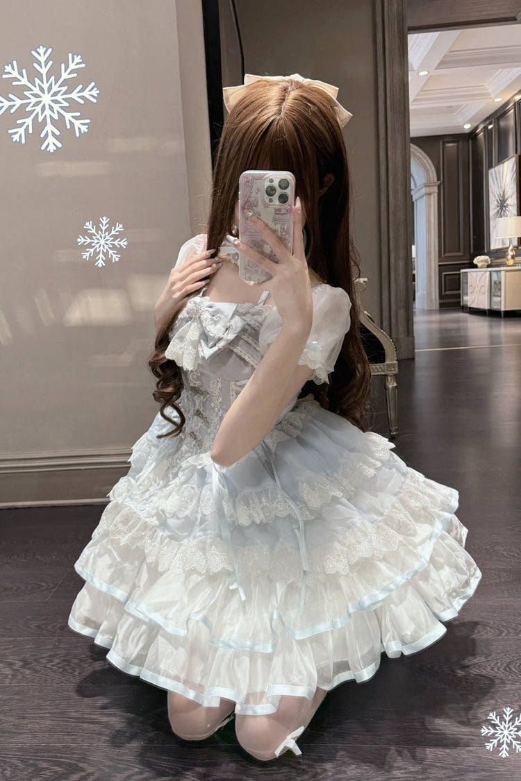 Ice Dance White Blue Short Sleeves Multi-Layered Ruffle Embroidery Bowknot Lace Sweet Dress