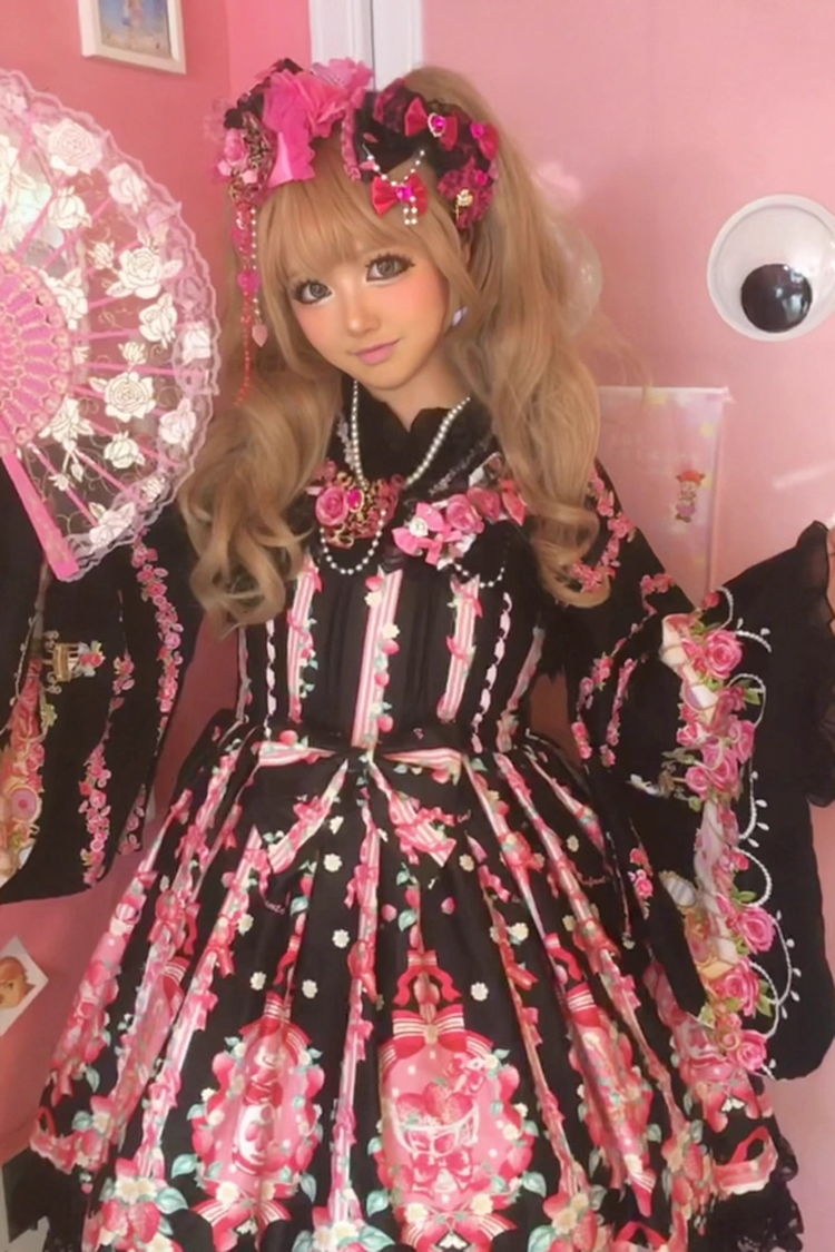 Sleeveless Bowknot Lace Sweet JSK with Print - Strawberry Chef