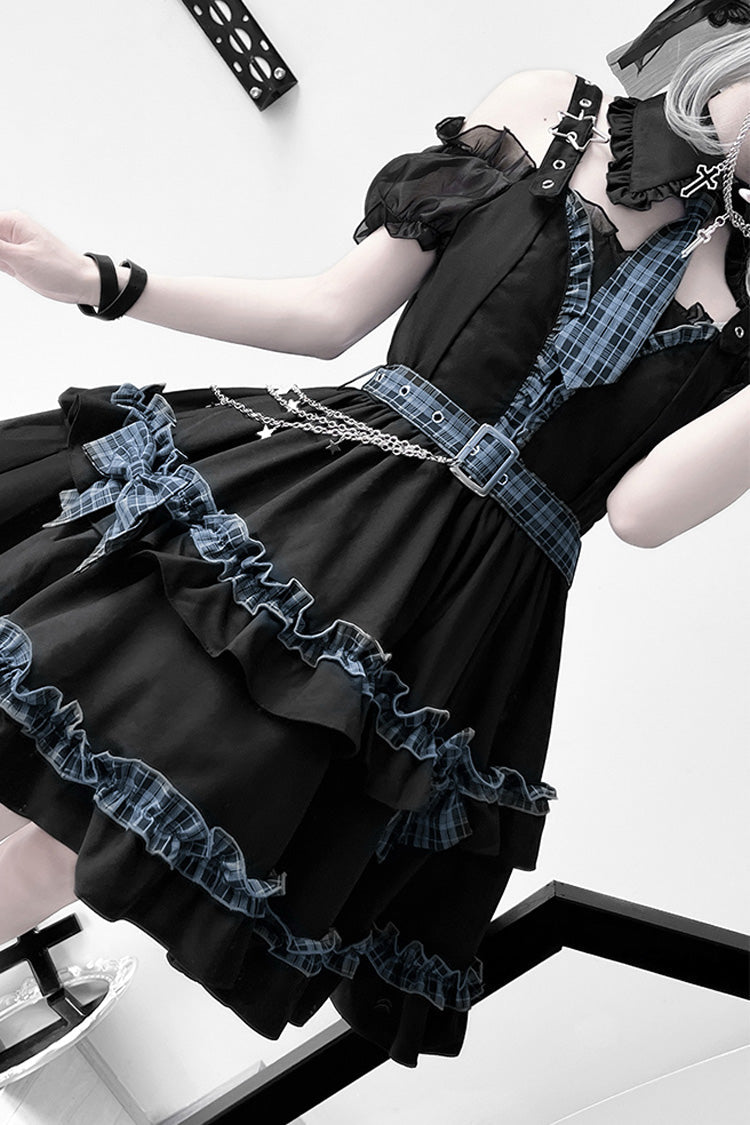 Noir Chain Ruffled Bow Buckle College Style Dress Set - Dark Night Starlight