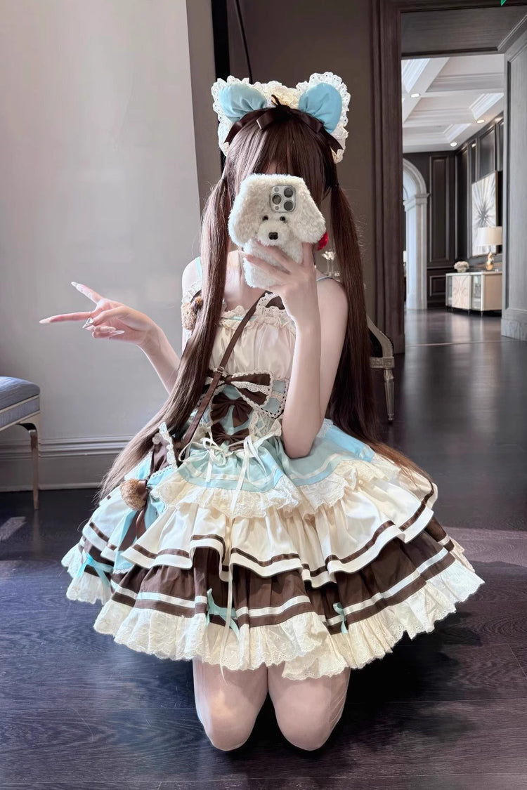 Green and Chocolate Sweet Lolita JSK Dress with Multi-Layered Ruffle and Bowknot