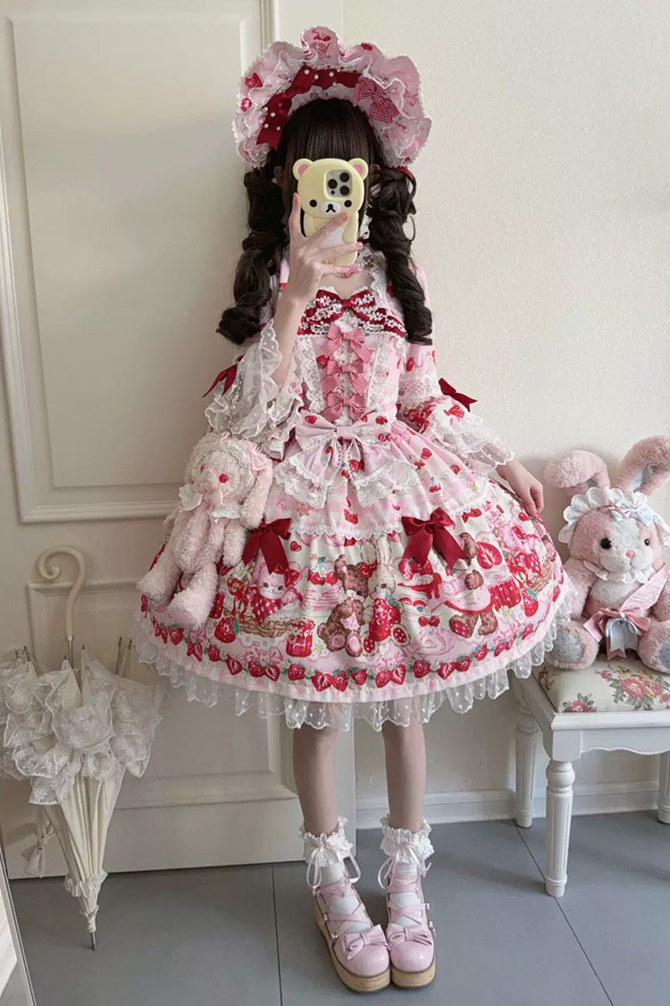 Red/Pink Sweet Lolita OP Dress Half Sleeves Bow Lace Lace-Up - Sweet Berry Bunny Bear