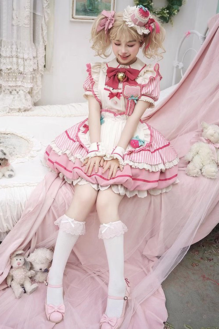 Pink Berry Bubbles Stripe Print Ruffle Bow Lace Sweet Lolita Dress