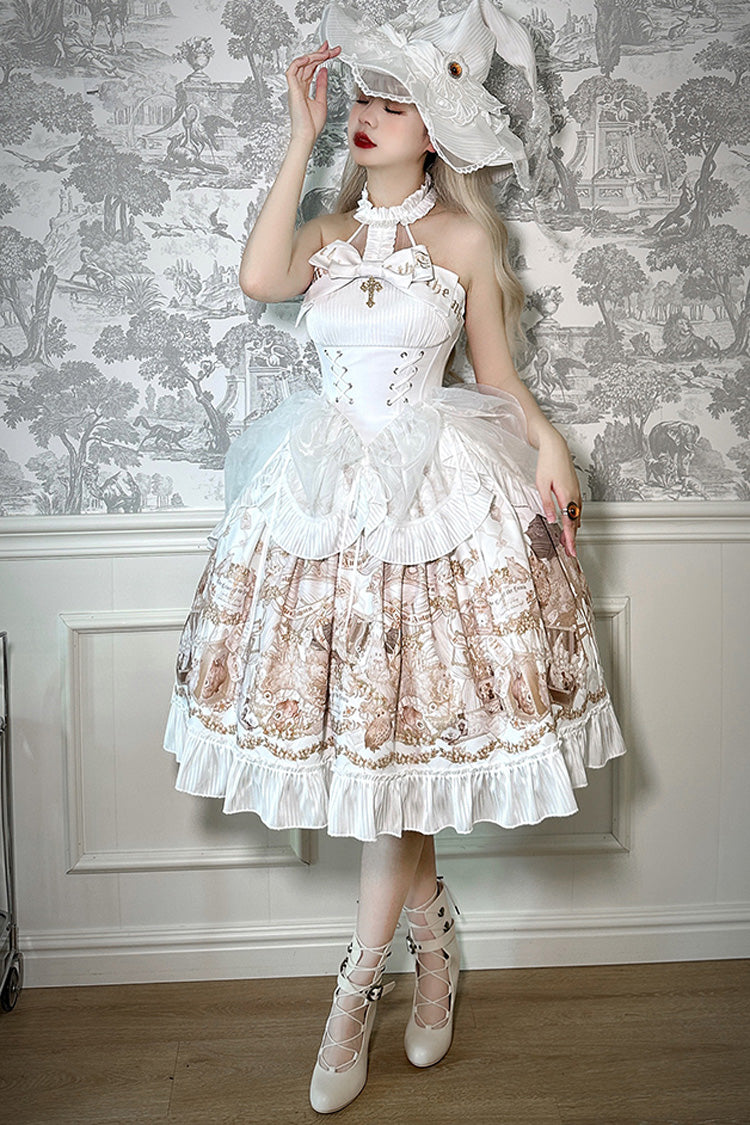 Ivory Halterneck Gothic Dress with Print and Bowknot - The Mystery of The Doll