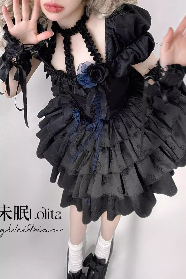 Romantic Black Multi-Layered Ruffle Bowknot Lace-Up Fishbone Short Sleeve Halter Gothic Lolita Gown