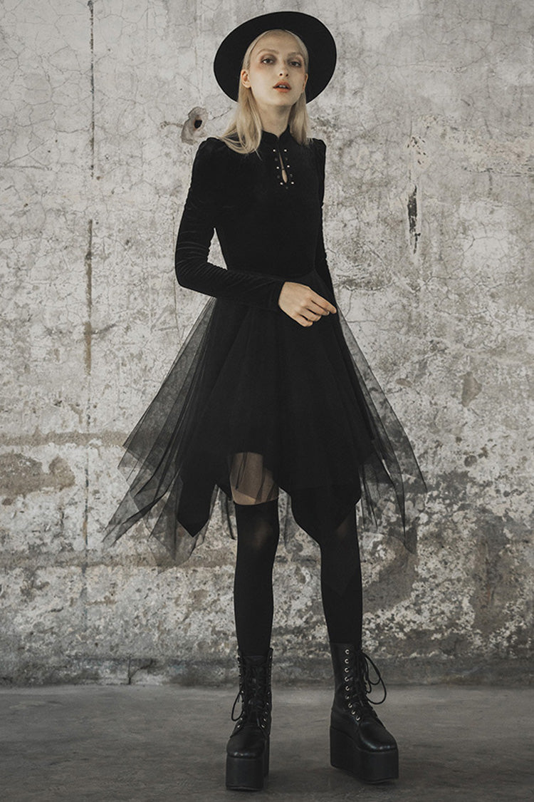 Velvet Mesh Stitching Elastic Gothic Dress