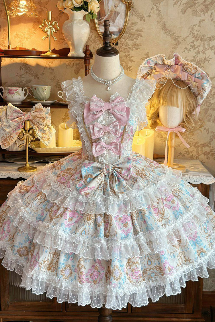 Gorgeous Apricot Sleeveless Triple-Layer Floral Ruffle Bow Lace Lolita JSK