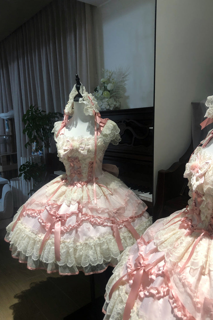 Dreaming Butterfly Pink Multi-Layered Jacquard Ruffle Bowknot Lace Sweet Princess JSK Dress