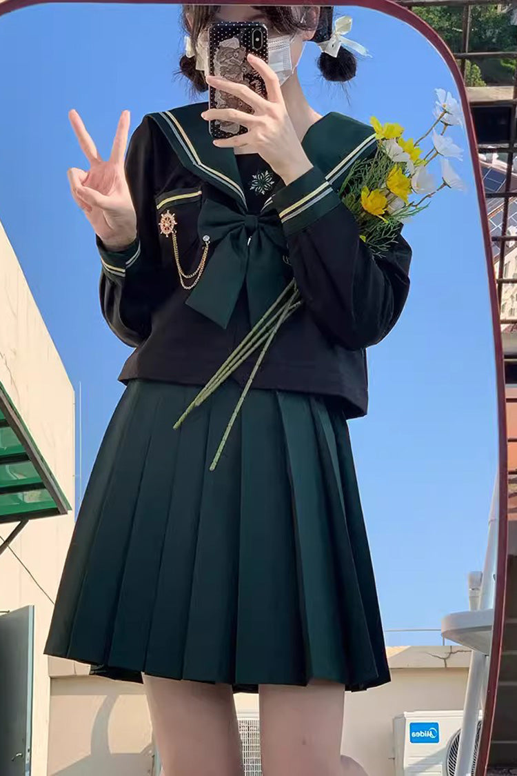 Ruffle Bowknot Sailor College Style School Skirt Set