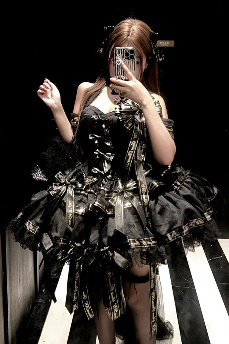 Black Halterneck Sleeveless Multi-Layered Ruffle Bow Elegant Gothic Dress