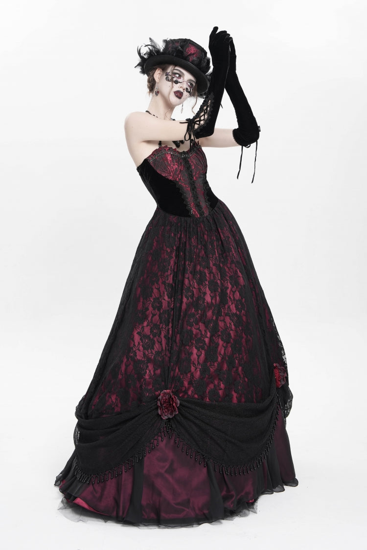 Scarlet Beaded Floral Embroidered Gothic Long Slip Dress