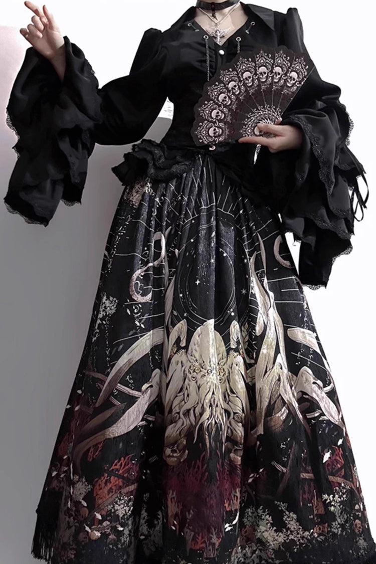 Black Reborn Ancient God Long Hime Sleeve Print Lace Gothic Lolita Skirt Set
