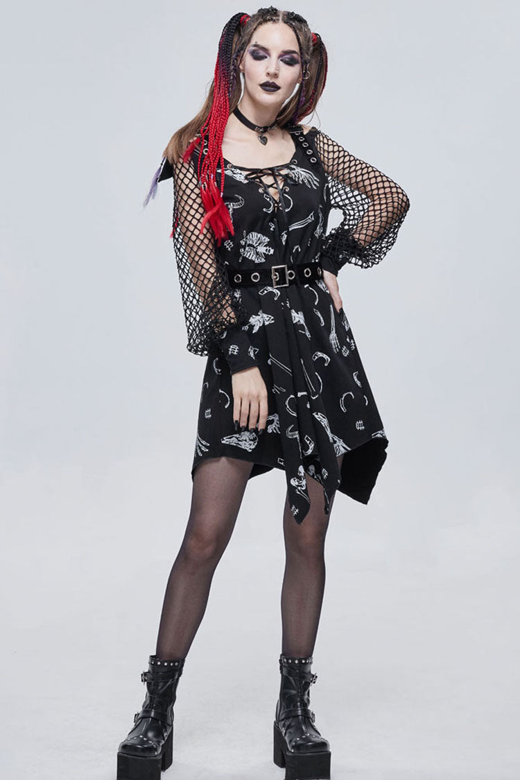 Knit Bone Print Sling Grommet Strap Long Sleeve Gothic Dress