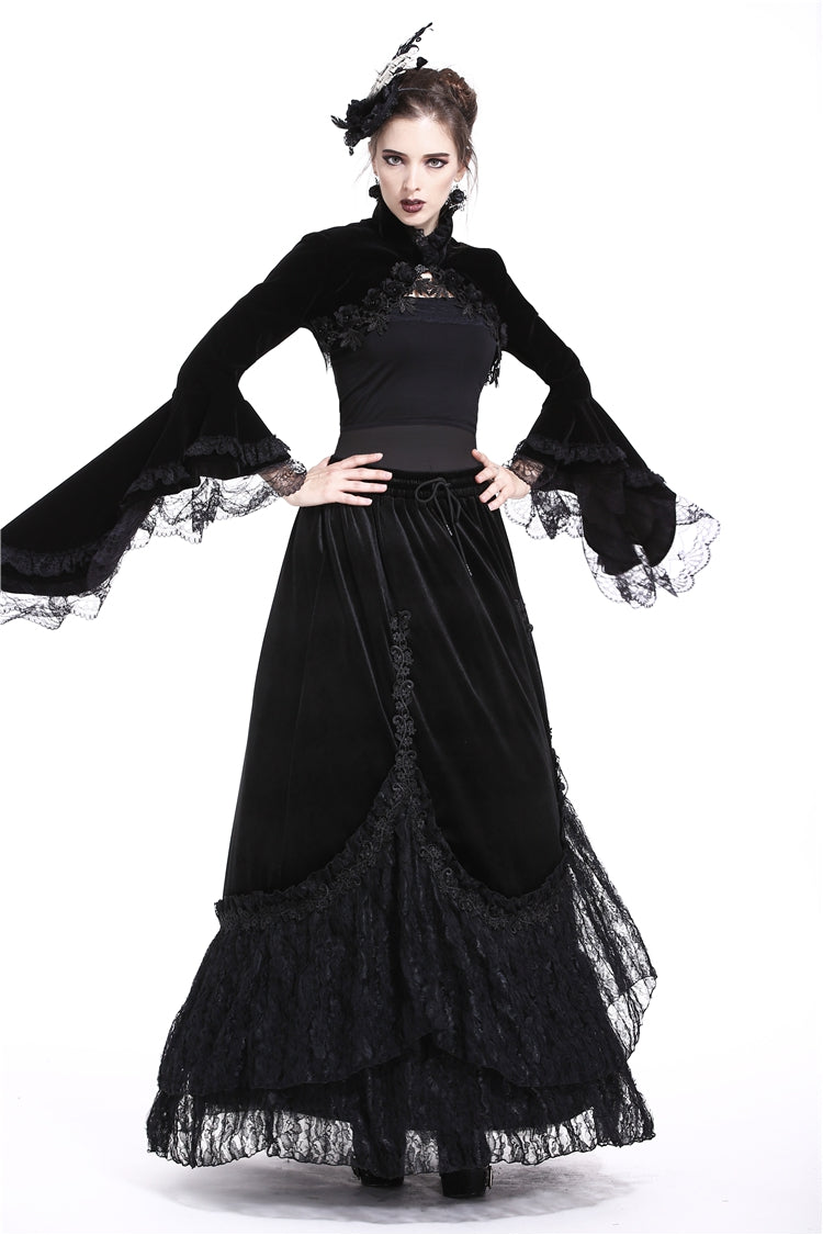 Multi-Layered Long Trumpet Sleeve Rosette Velour Gothic Bolero for Women Lace