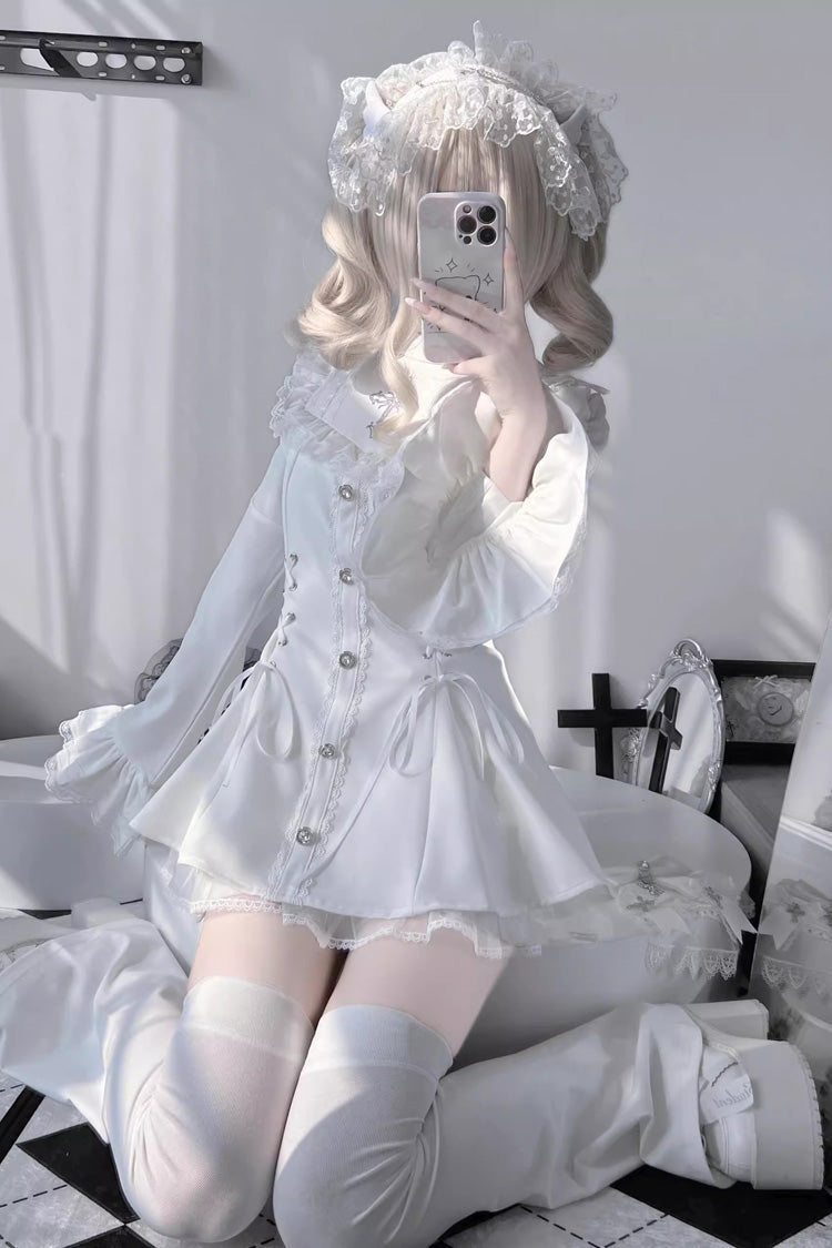 White Long Trumpet Sleeves Bowknot Lace-Up Gothic Jirai Kei Dress Shorts Set