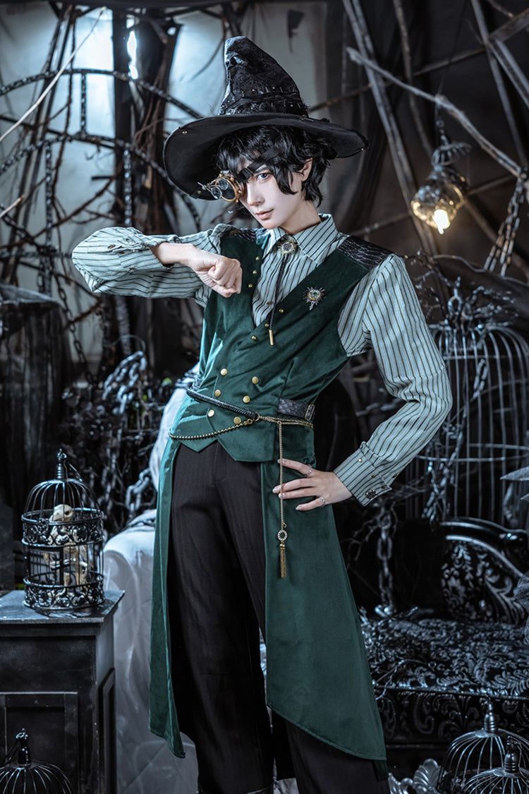 Emerald Striped Slim-Fit Ouji Prince Blouse with Studded Long Sleeves