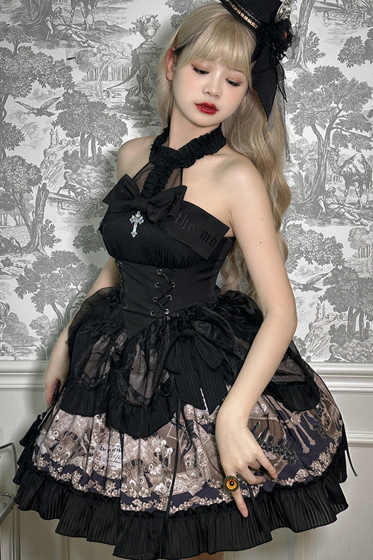 Black The Mystery of The Doll Halterneck Printed Ruffle Bowknot Drawstring Gothic Lolita Dress